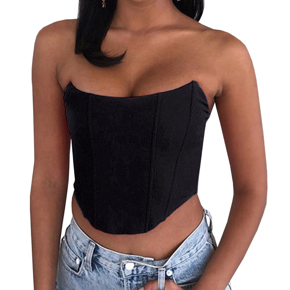 Black Satin Boned Zip Back Crop Top Large NEW